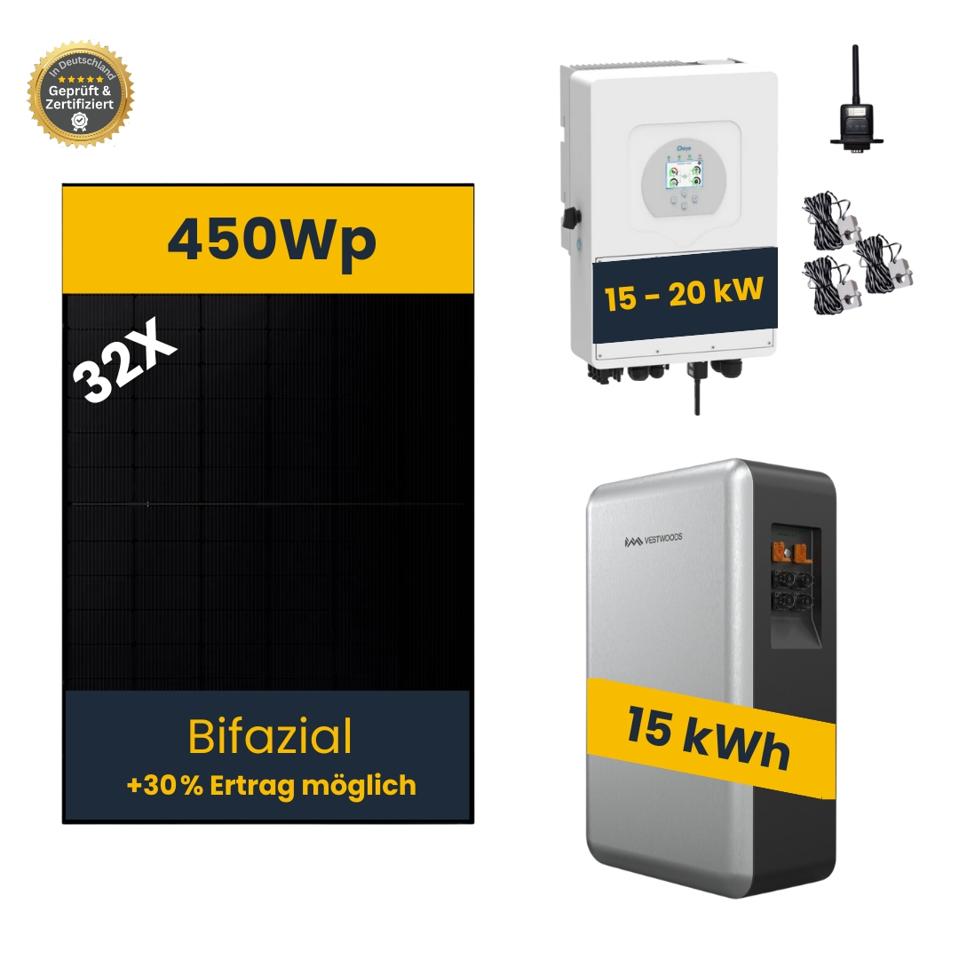 PV-Komplettanlage 15 - 20kW mit Speicher 15 kW, bifaziale Module, Glas/Glas PV-Komplettanlage 15 - 20kW mit Speicher 15 kW, bifaziale Module, Glas/Glas