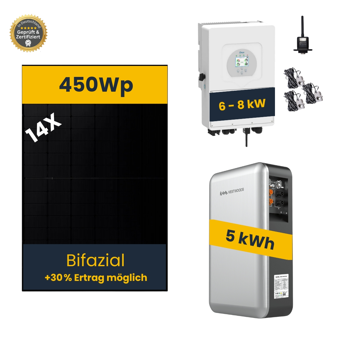 PV-Komplettanlage 6 - 8kW mit Speicher 5 kW, bifaziale Module, Glas/Glas PV-Komplettanlage 6 - 8kW mit Speicher 5 kW, bifaziale Module, Glas/Glas