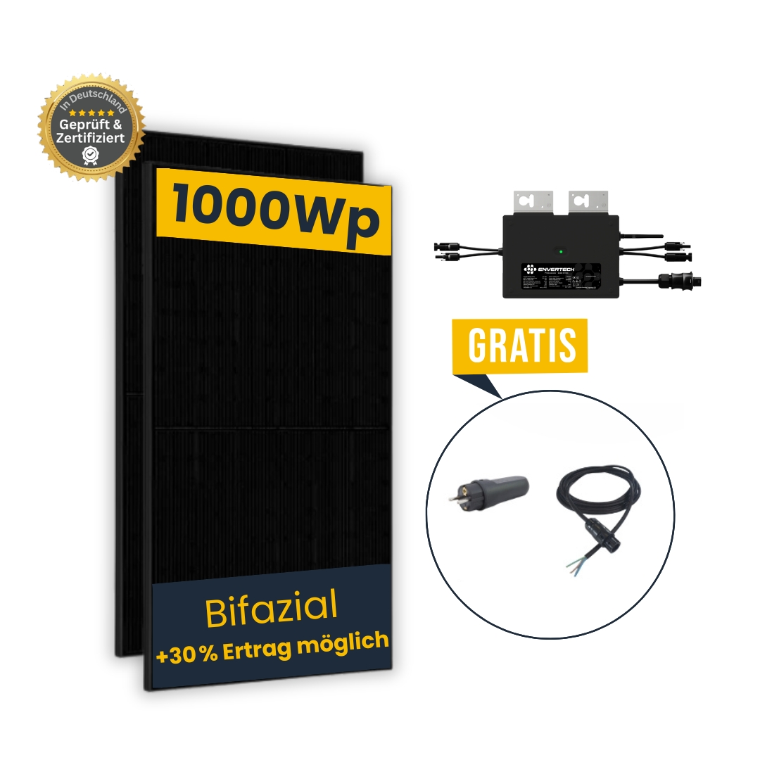 Balkonkraftwerk 1000Wp mit Envertech EVT-800-B, Anschlusskabel 5m, Bifazial Balkonkraftwerk 1000Wp mit Envertech EVT-800-B, Anschlusskabel 5m, Bifazial