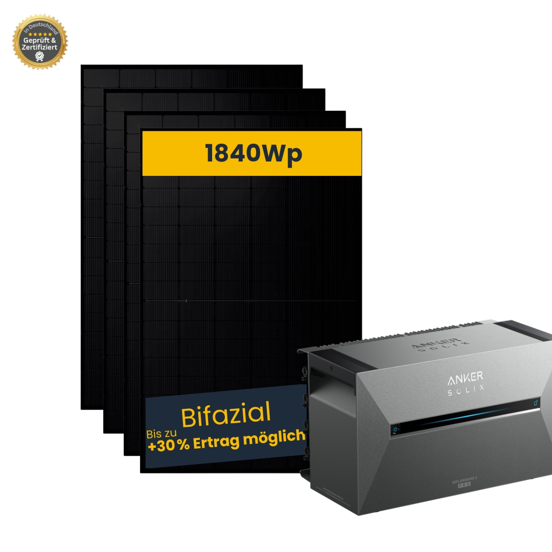 Balkonkraftwerk 1840Wp power 3 mit Anker Solarbank 3 E2700 Pro inkl. Kabel, Bifazial