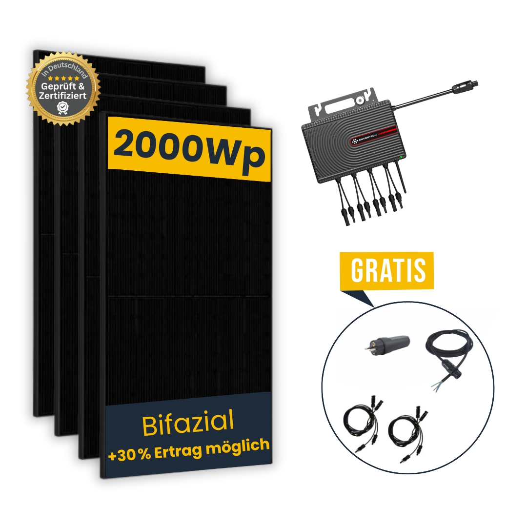 Balkonkraftwerk 2000Wp Komplettset, 2 Paar Solarkabel 1,8m + Anschlusskabel 5m, Bifazial Balkonkraftwerk 2000Wp Komplettset, 2 Paar Solarkabel 1,8m + Anschlusskabel 5m, Bifazial