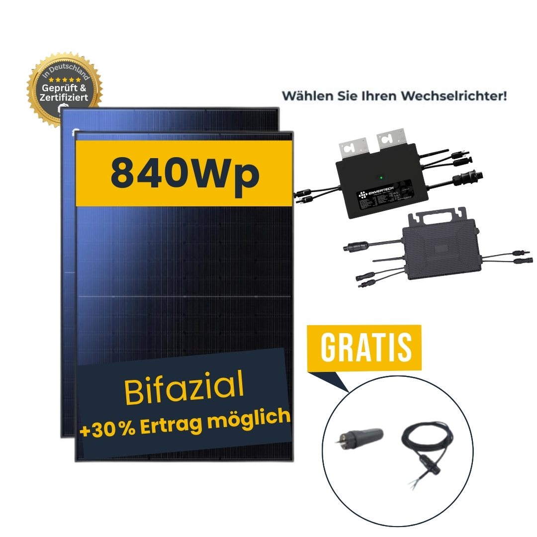 Balkonkraftwerk 840Wp mit Mikrowechselrichter, Anschlusskabel 5m, Bifazial Balkonkraftwerk 840Wp mit Mikrowechselrichter, Anschlusskabel 5m, Bifazial