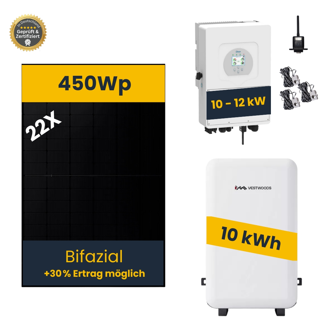 PV-Komplettanlage 10 - 12kW mit Speicher 10 kW, bifaziale Module, Glas/Glas PV-Komplettanlage 10 - 12kW mit Speicher 10 kW, bifaziale Module, Glas/Glas