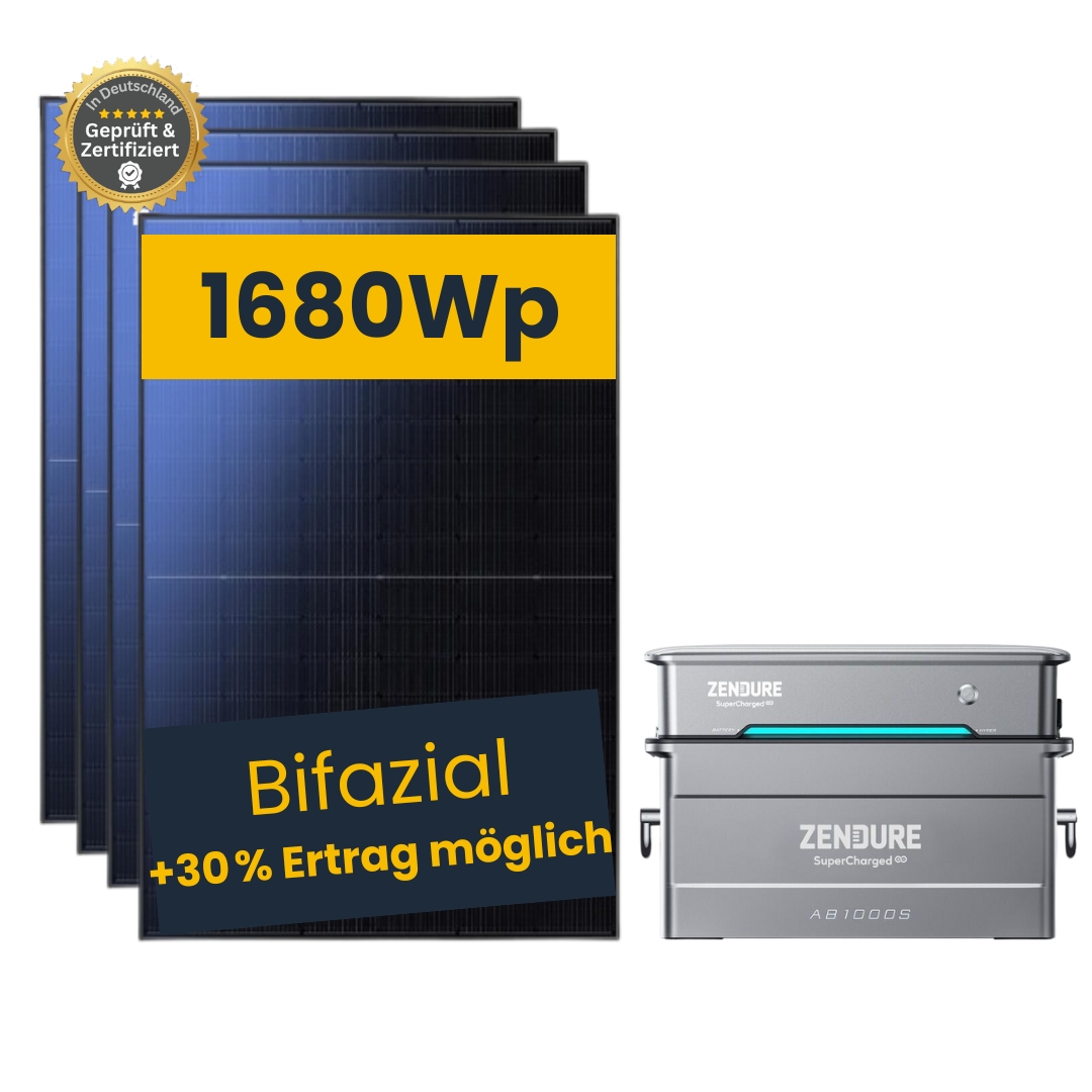 Balkonkraftwerk 1680Wp mit Speicher, bifazial Glas|Glas, Zendure AIO Pro 1200
