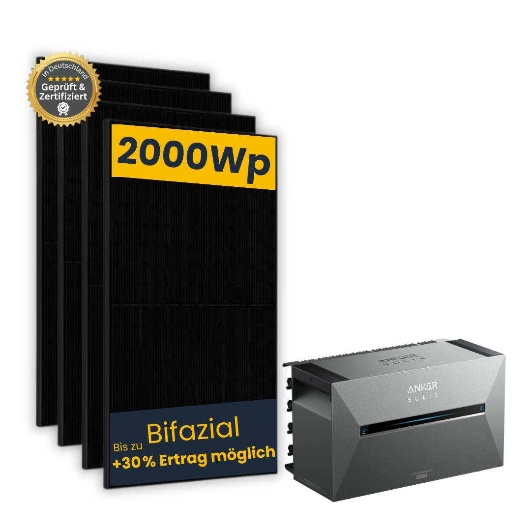 Balkonkraftwerk 2000Wp power 3 mit Anker Solarbank 3 E2700 Pro inkl. Kabel, Bifazial