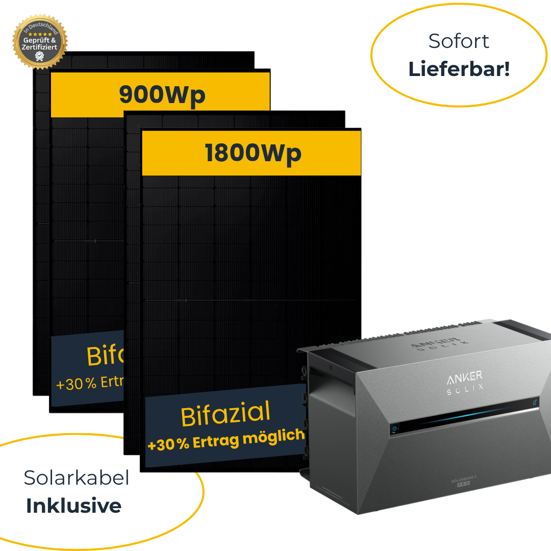 Balkonkraftwerk 900 - 1800Wp mit Anker Solarbank 3 inkl. Kabel, Bifazial