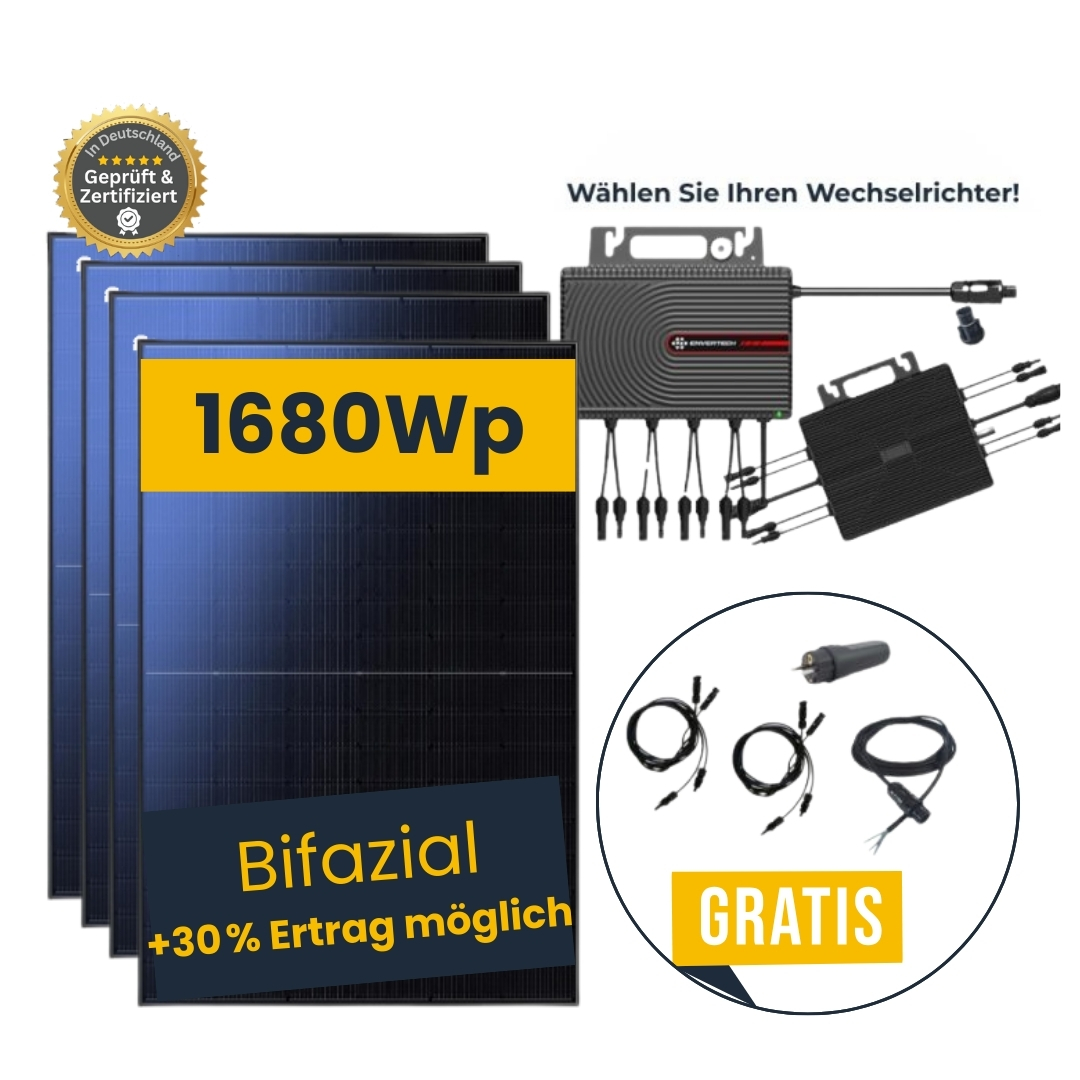 Balkonkraftwerk 1680Wp mit Mikrowechselrichter, 2 Paar Solarkabel 1,8m Gratis + Anschlusskabel 5m, Bifazial Balkonkraftwerk 1680Wp mit Mikrowechselrichter, 2 Paar Solarkabel 1,8m Gratis + Anschlusskabel 5m, Bifazial
