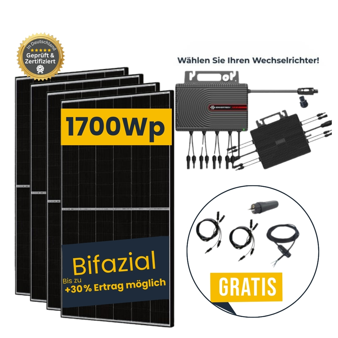 Balkonkraftwerk 1680Wp mit Mikrowechselrichter, 2 Paar Solarkabel 1,8m Gratis + Anschlusskabel 5m, Bifazial