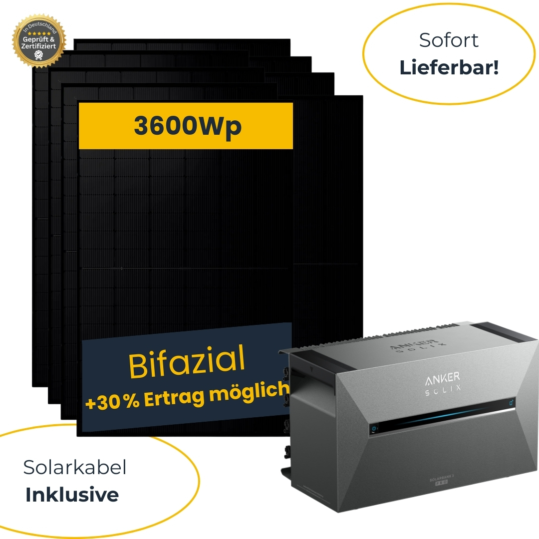 Kleine Solaranlage 3600Wp mit Anker Solarbank 3, Bifazial  Glas|Glas 