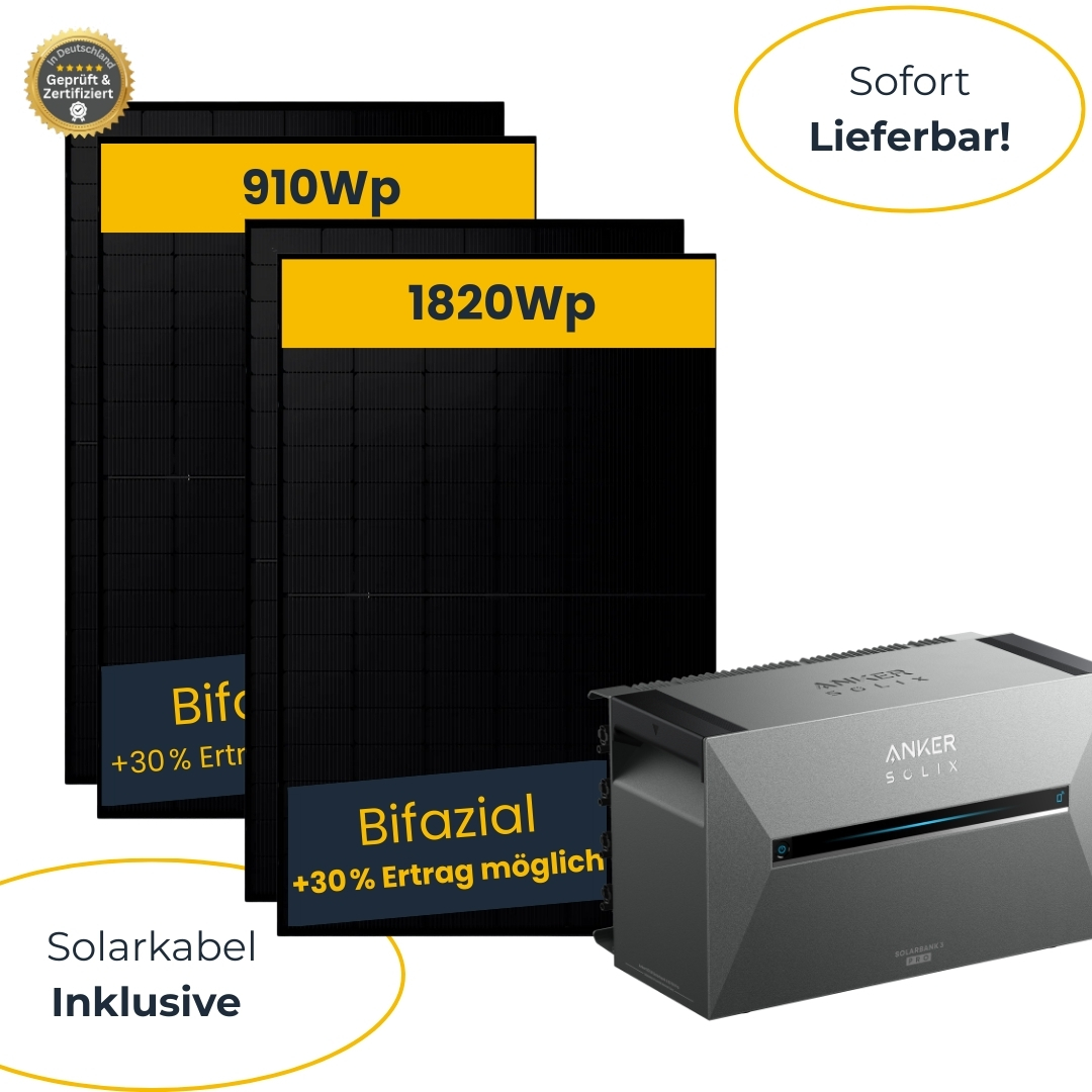 Balkonkraftwerk 910 - 1820Wp mit Anker Solarbank 3 inkl. Kabel, Bifazial Balkonkraftwerk 910 - 1820Wp mit Anker Solarbank 3 inkl. Kabel, Bifazial